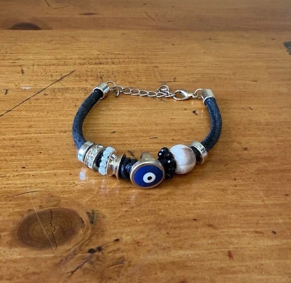 Evil Eye Charm Bracelet Black Cord Crystal Bead Protection Adjustable Fashion